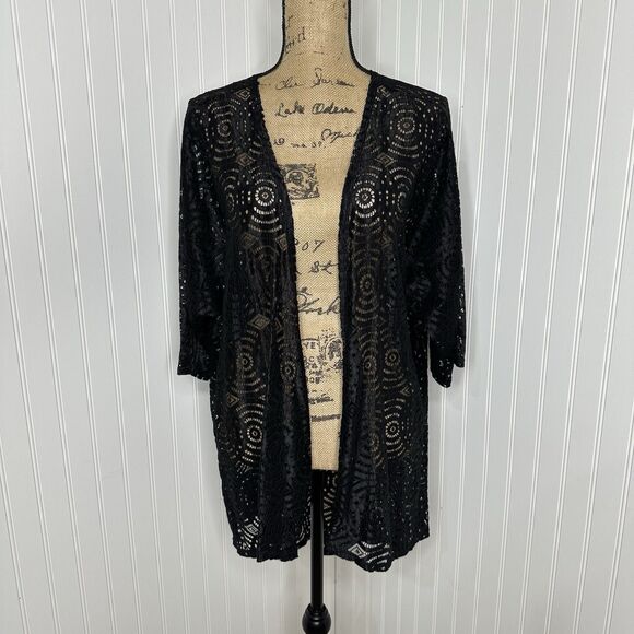 Black Lace Kimono Cardigan LuLaRoe Sz M Open Front Sheer Cover Up Boho Festival - Picture 14 of 14